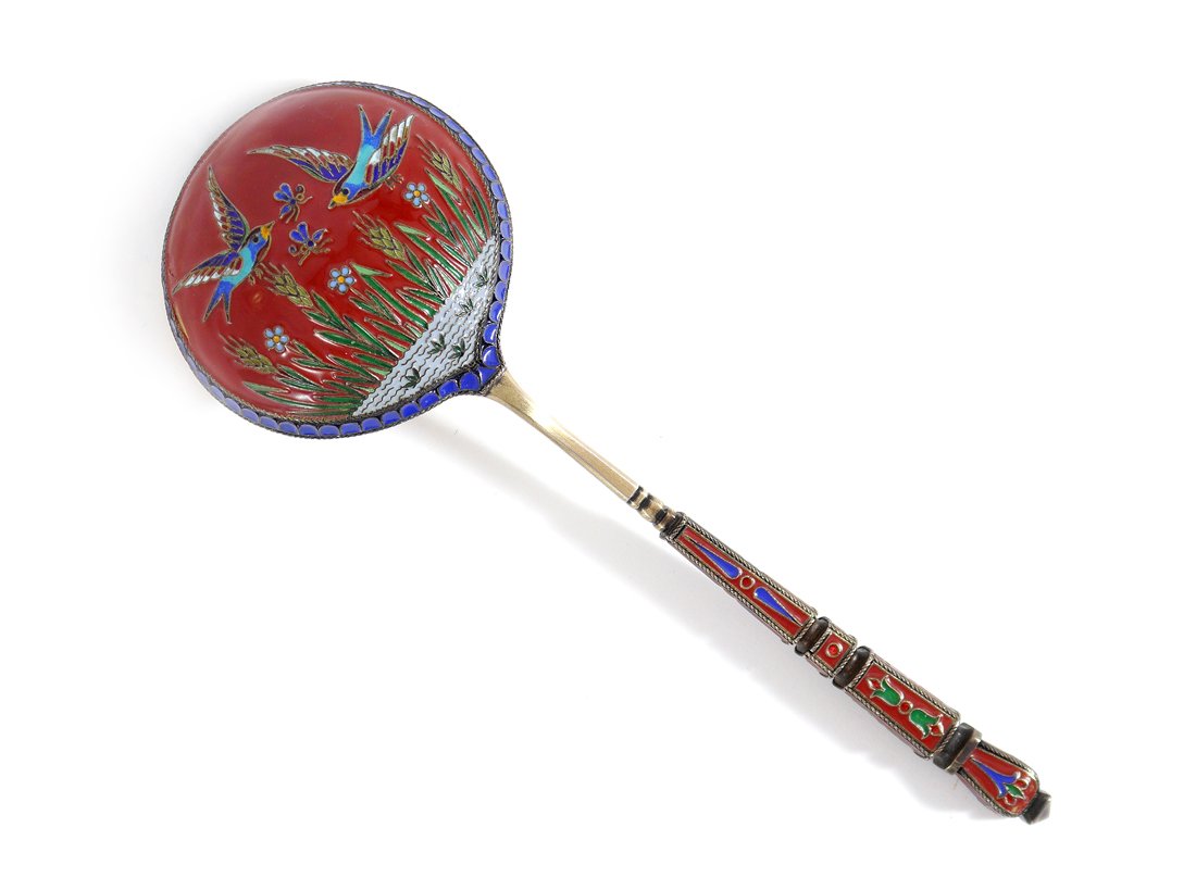 GAVRIL GRACHEV RUSSIAN SILVER ENAMELED LADLE: GAVRIL GRACHEV RUSSIAN SILVER ENAMELED LADLE: Sauce ladle bearing the hallmarks of Gavril Grachev and the Imperial Warrant, 88 zolotnik. Enameled handle with floral and geometric motifs, back of bowl