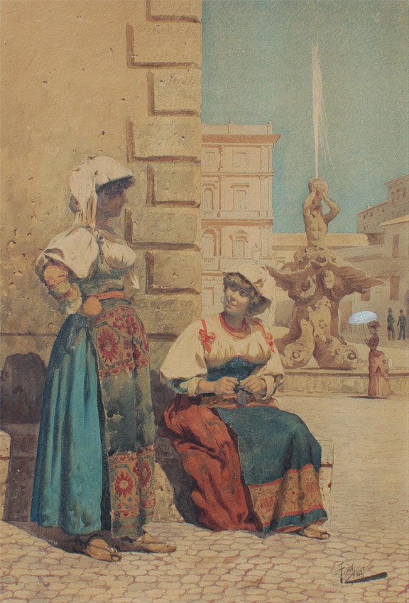 GIUSEPPE AURELLI ITALIAN PAINTING TWO YOUNG LADIES: AURELLI, Giuseppe, (Italian, 1858-1929): Conversation Between Two Young Italian Ladies in the Square, with Fountain in the Background, Watercolor Heightened with White, Sight size 20 3/4'' x 14 1/4'',
