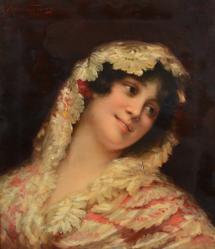 ANTONIO TORRES PORTRAIT PAINTING OF SPANISH BEAUTY: TORRES, Antonio Rocchetti, (Spanish-Italian, 1851-1934): Portrait of a Spanish Beauty, Oil/Canvas, 17 1/4'' x 15 1/8'', signed upper left, encased in a period gilded and carved gesso frame with floral