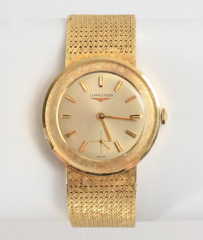 14K GOLD LONGINES CREATION M1904 MAN'S WATCH: 14K GOLD LONGINES CREATION M1904 MAN'S WATCH: 14K woven mesh band. Movement # V12942311. Original velvet lined box and bill of sale. Purchased 3/13/65