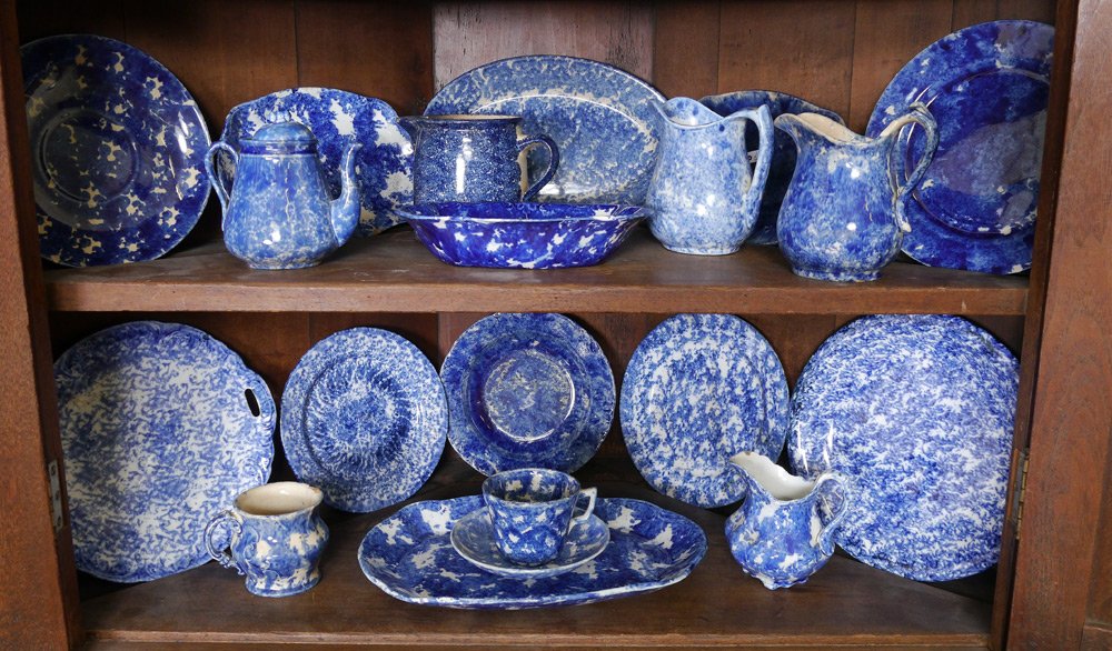SPONGEWARE 20 PIECE ESTATE GROUP: ESTATE COLLECTION OF BLUE SPONGEWARE: Approx. 20 pieces to include plates, small teapot, small jugs, bowls and platters. This selection has deep blue coloration.