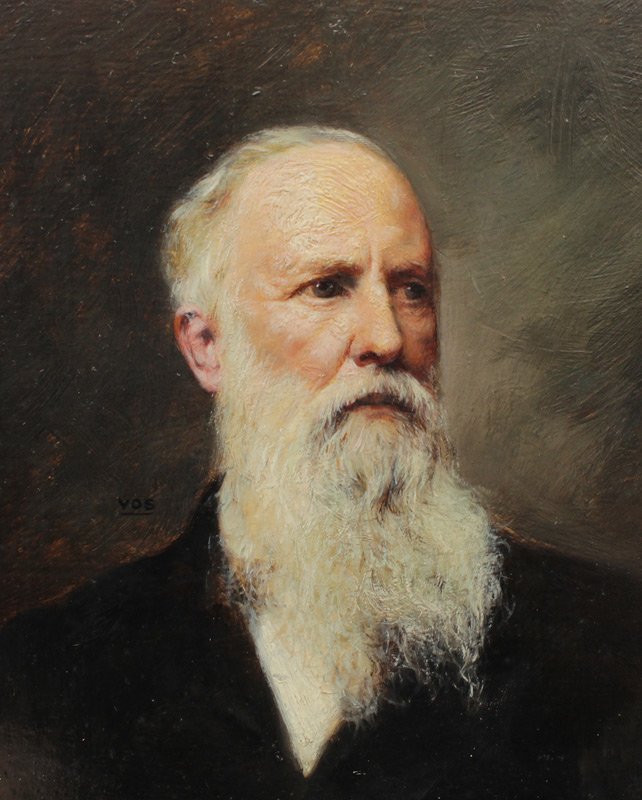 FINE PORTRAIT PAINTING OF WALT WHITMAN? SIGNED VOS: FINE PORTRAIT PAINTING OF WALT WHITMAN? SIGNED VOS: Possibly Hubert Vos, probably 1st Quarter 20th Century, Oil/Wood, 6 1/2'' x 5 1/2'', encased in a period gilded oak and gesso frame with foliate mot