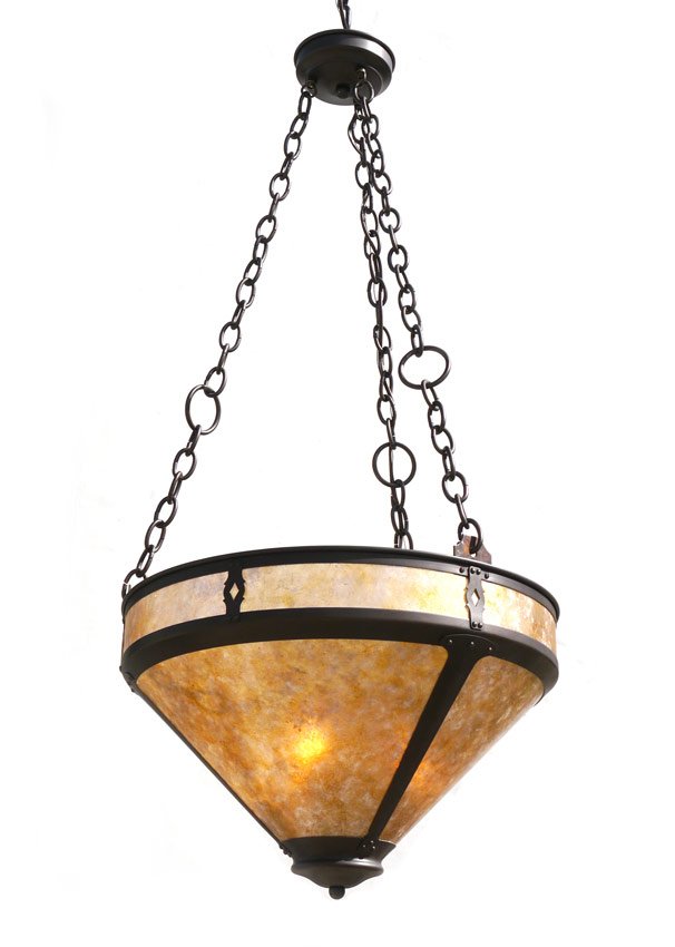 MICA SHADE ARTS & CRAFTS STYLE CHANDELIER: MICA SHADE ARTS & CRAFTS STYLE CHANDELIER: Contemporary Arts and Crafts style with metal frame and mica inserts. 3 light fixture. 14 1/2'' h. x 20 1/2''.