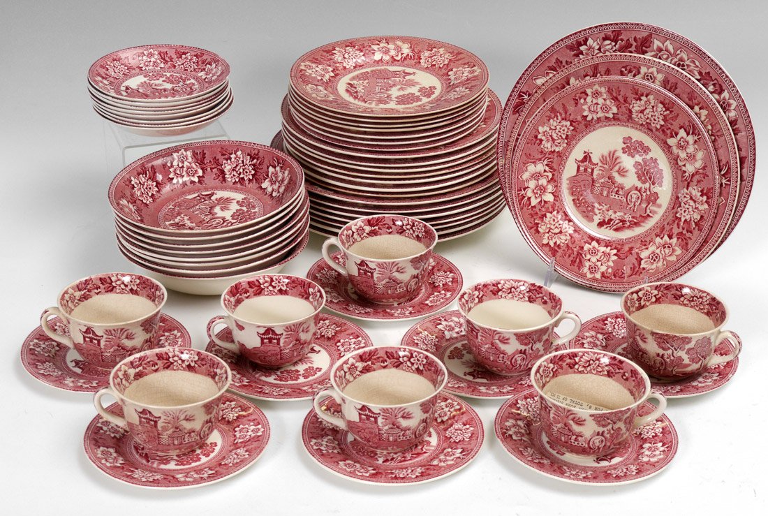 56 PC STEVENTON RED TRANSFERWARE CHINA: JOHN STEVENTON BURSLEM ENGLAND TRANSFERWARE CHINA SERVICE FOR 8: 56 pieces to include 8 each of dinner plates (10"), luncheon plates (9"), salad plates (8"), soup bowls, cups and saucers. Ca. 1920's. 