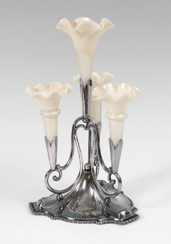 JAMES DIXON & SON SILVER PLATE EPERGNE: JAMES DIXON & SON SILVER PLATE EPERGNE: Triple arm plus center, marked on base with JD & S hallmarks, M4633. 4 iridescent white glass bud vase inserts, possible Steuben. Overall measures 12 3/4" h. x 