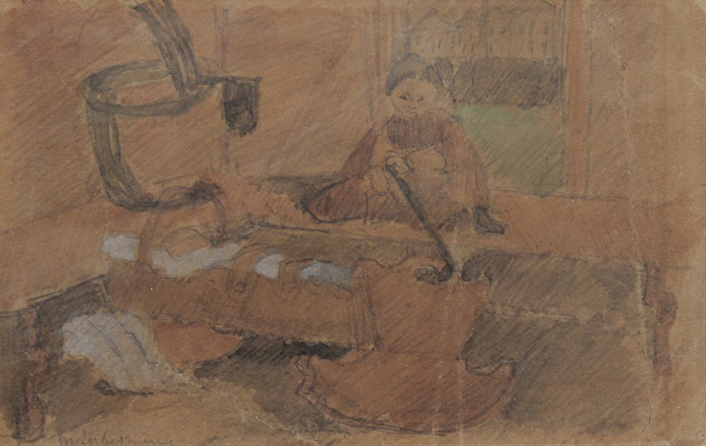LIEBERMANN INTERIOR SCENE WATERCOLOR PAINTING: INTERIOR SCENE WITH YOUNG CHILD ROCKING A CRADLE, SIGNED M. LIEBERMANN: Possibly Max Liebermann, Watercolor and Pencil on paper, laid down on cardboard, 4" x 6 3/8", signed lower left, wood frame, 9 1