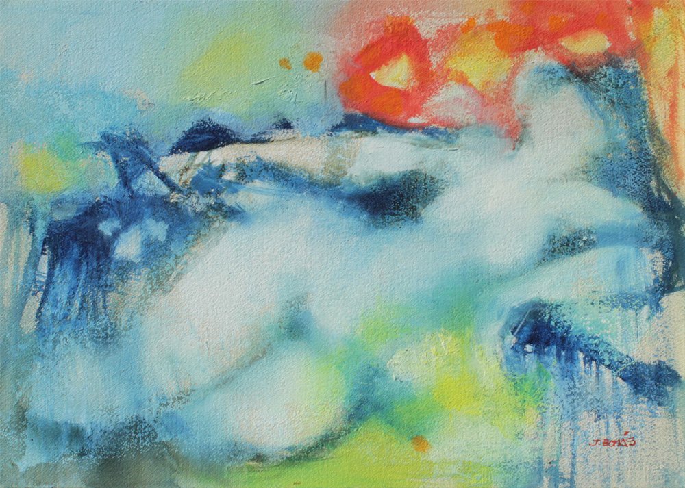 BONAS RECLINING NUDE MIXED MEDIA PAINTING: BONAS, Jordi, (French, 1937- ): Reclining Nude, Mixed Media, Sight size 21 1/2'' x 29 1/2'', signed lower right, contemporary framing 29'' x 37''.