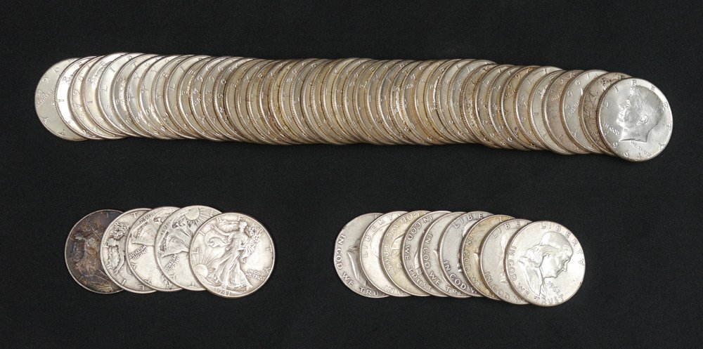 COLLECTION OF 59 U.S. SILVER HALF DOLLARS: COLLECTION OF 59 U.S. SILVER HALF DOLLARS: Assorted dates and mints to include 5 Walking Liberty, 9 Franklin, 45 1964 Kennedy. Ungraded.