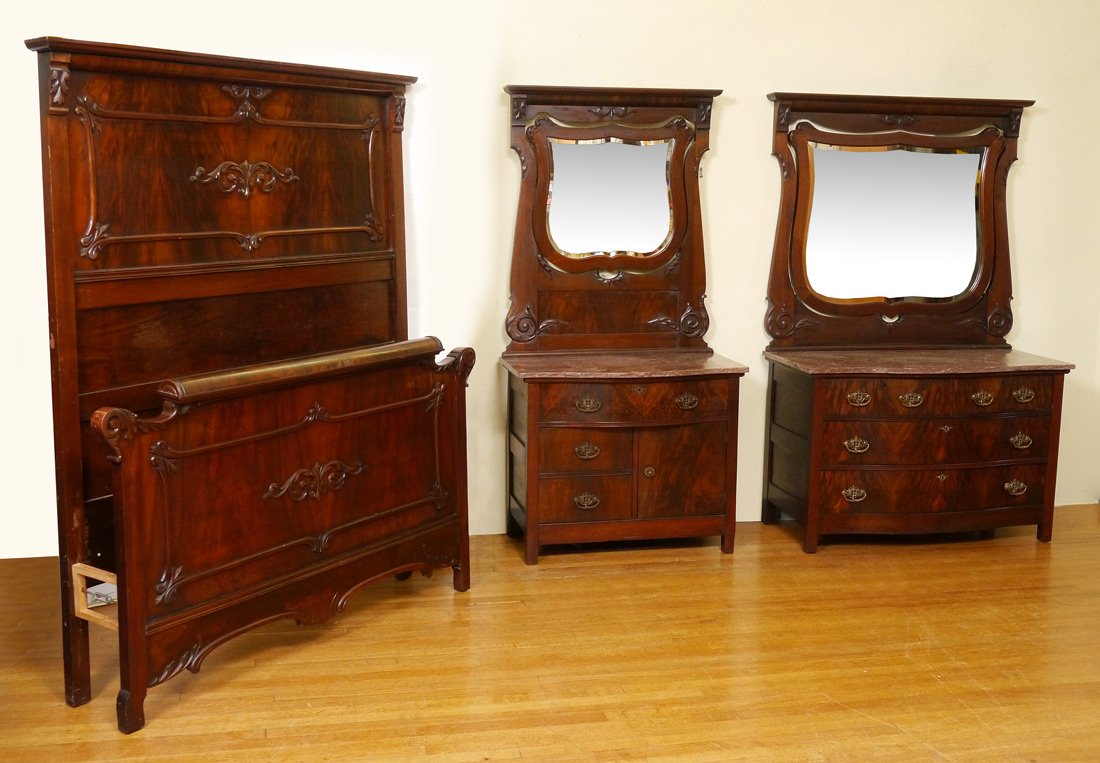 VICTORIAN 3 PC BURL WALNUT BEDROOM SET: 3 PIECE BURL WALNUT BEDROOM SET: Early 20th century to include 1) Headboard (72 1/2" h. x 60 1/4" x 4") and foot board (37 1/4" x 62 1/2") with carved and applied decoration, burl walnut veneer in pan