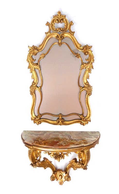 ITALIAN ONYX TOP DEMI TABLE WITH MIRROR: ITALIAN ONYX TOP DEMI TABLE WITH MIRROR: Carved and gilt wood set to include 1) Multi hued onyx top demi table, 25 1/2" h. x 32 1/2" x 13". 2) Non-reflective mirror 43 1/4" h. x 25 1/2" x 12 1/2"