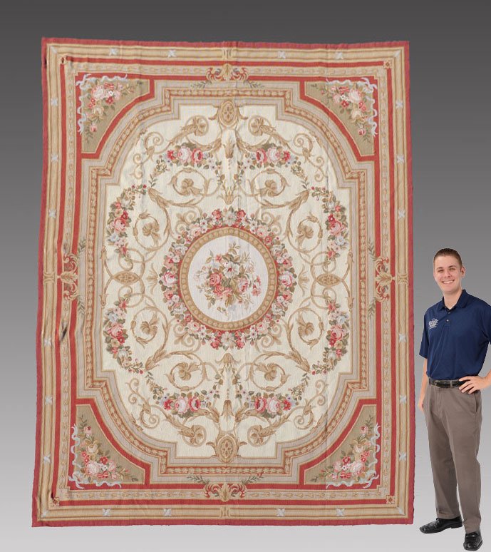 25YR OLD CHINESE AUBUSSON PATTERN WOOL RUG 8x10: APPROX 25-35 YR OLD CHINESE AUBUSSON PATTERN HANDMADE WOOL RUG, 7' 11" x 9' 11": This lovely Aubusson pattern needlepoint rug has a traditional design with a central circular medallion consisting of s
