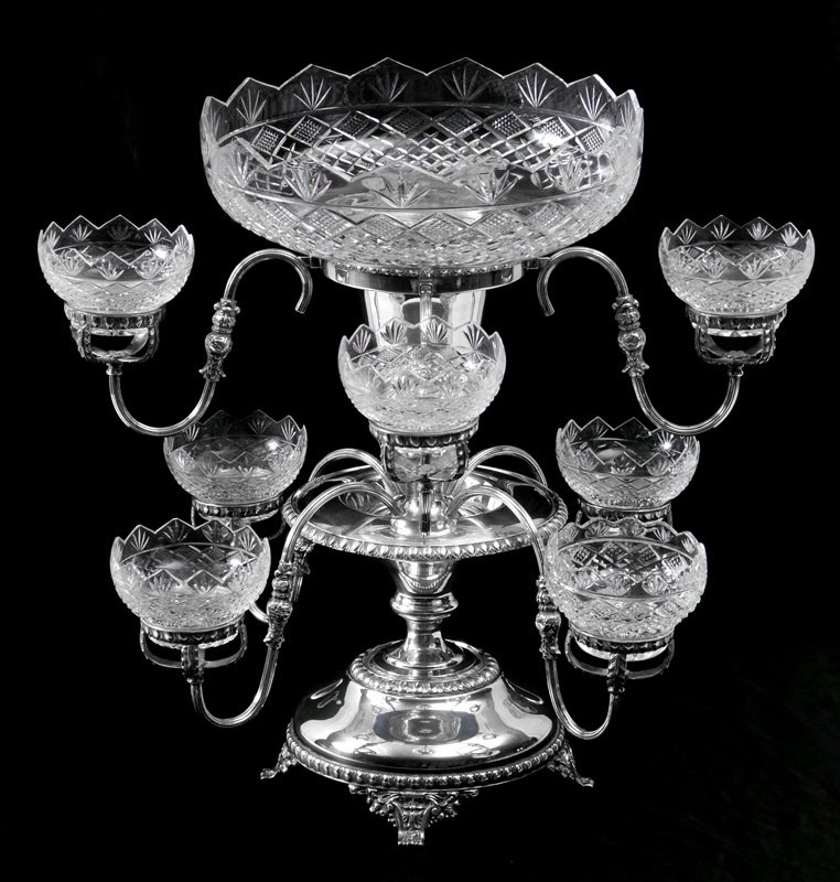 ENGLISH VICTORIAN SILVERPLATE EPERGNE: ENGLISH VICTORIAN SILVERPLATE EPERGNE: Large cut glass center bowl above 2 levels of 4 arms each, ending in small matching cut glass bowls. Silverplate body with unknown English silverplate hallmark. 