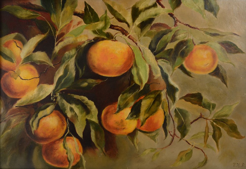 E.H. BLASHFIELD PAINTING OF ORANGES: BLASHFIELD, Edwin Howland, (American, 1848-1936): Study of Oranges in Nature, Oil/Academy board, 16 1/2" x 23 1/2", monogrammed lower right, fine painted wood frame with some separation 22 1/2" x 29 1