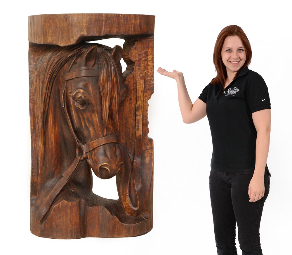 45'' TALL CARVED WOOD HORSE SCULPTURE: 45'' CARVED WOOD HORSE WALL SCULPTURE: Nicely detailed carving of a horse bust with bridle, carved from a single log. Unsigned, overall measures 45 1/2'' h. x 29 1/2'' x 15 1/4''. Weighs approximately