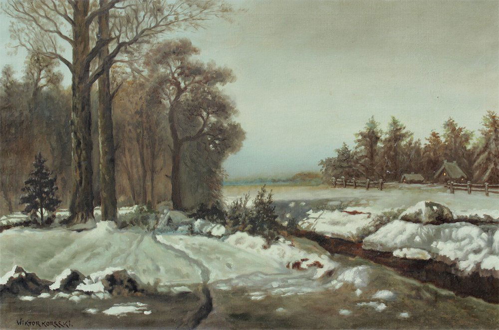 WIKTOR KORECKI SNOWY POLISH LANDSCAPE PAINTING: KORECKI, Wiktor, (Polish, 1890-1980): Snowy Landscape with Forest's Edge, Meadow, & Village, Oil/Canvas, 24" x 36", signed lower left, original carved and painted frame with minor wear 31" x 43".