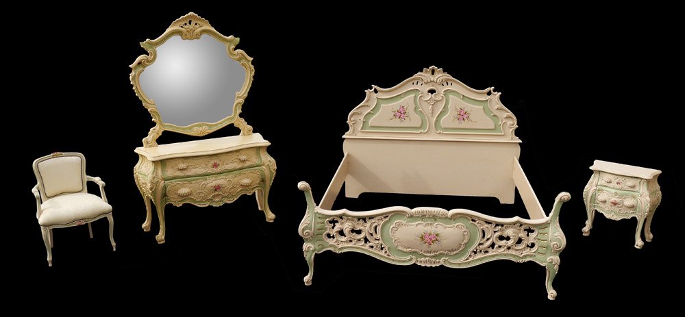 STENCEL CARVED AND PAINT DECORATED BEDROOM SET: STENCEL CARVED AND PAINT DECORATED BEDROOM SET: Rococo style, 4 piece bedroom suite to include BED (headboard 60'' h. x 78'' x 2 3/4''. foot 35'' h. x 80 1/2'' x 5''), DRESSER (33 3/4'' h. x 54 1/2''