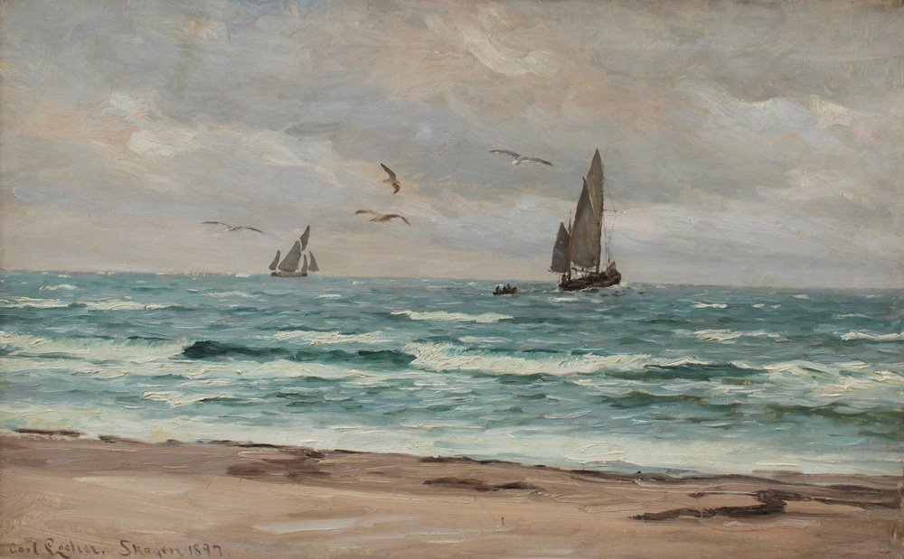 CARL LOCHER SKAGEN FISHING BOATS PAINTING: LOCHER, Carl Ludvig Thilson, (German, 1851-1915): Fishing Boats Off the Coast of Skagen, Oil/Canvas, 23 1/2'' x 37 1/2'', signed lower right, marked Skagen, 1897, encased in a gilded frame with wear 3
