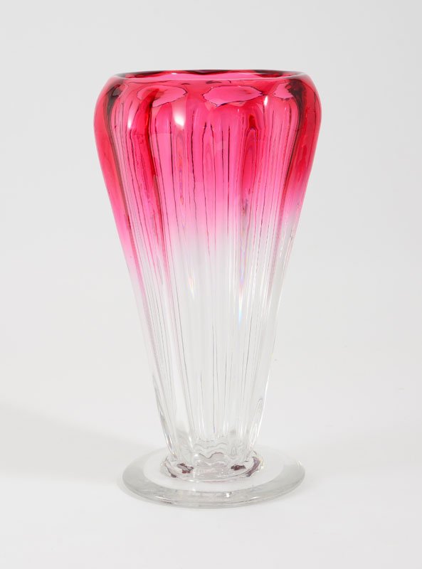 SIGNED WEBB CRANBERRY GLASS VASE: WEBB RUBINA CRANBERRY GLASS VASE: Cranberry fades to clear, measures approx. 13'' tall x 6'' diam. Acid etched ''Webb Made in England'', Ca. 1930 40's.