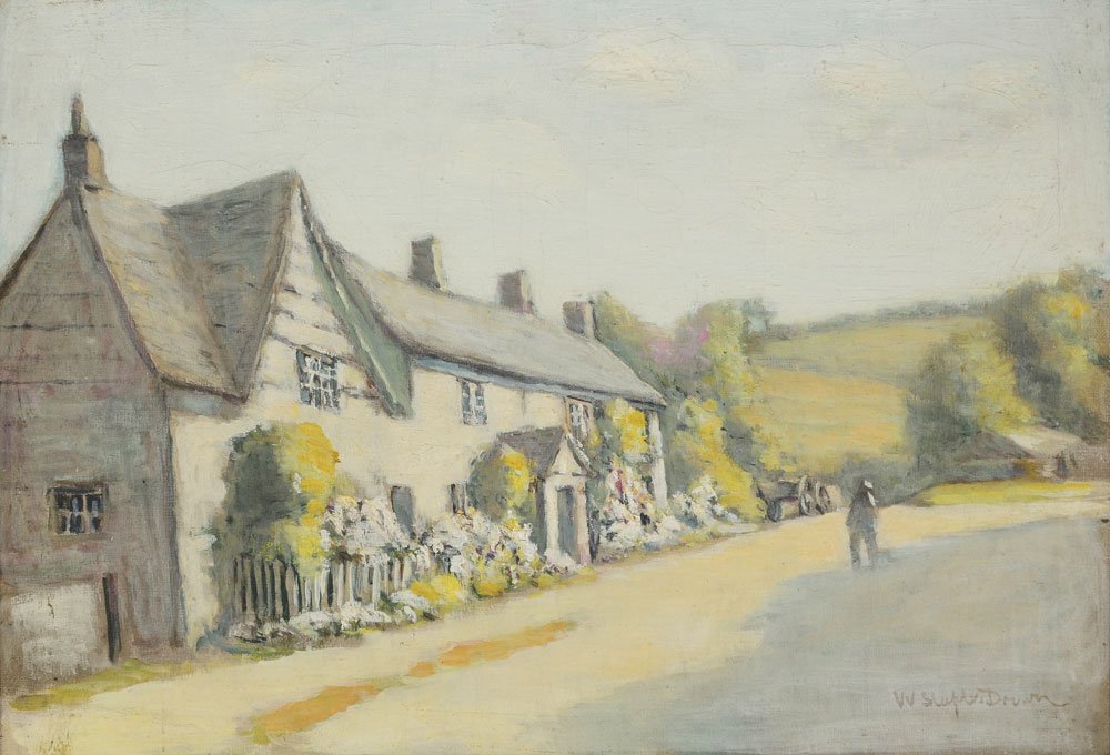 WILLIAM STAPLES DROWN COUNTY TAVERN PAINTING: DROWN, William Staples, (American, 1856-1915): Figure Traveling Along a Country Road with Tavern, Oil/Canvas, 14'' x 20'', signed lower right, painted frame with wear 18 5/8'' x 24 3/4''.