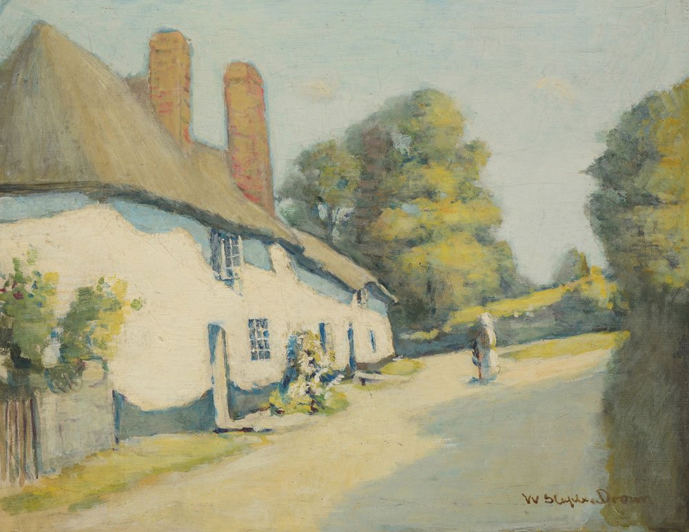 WILLIAM STAPLES DROWN COUNTRY COTTAGE PAINTING: DROWN, William Staples, (American, 1856-1915): Country Cottage with Figure on a Dirt Road, Oil/Canvas, 14'' x 18'', signed lower right, encased in a carved and gilded foliate motif gesso frame 17 3/4'