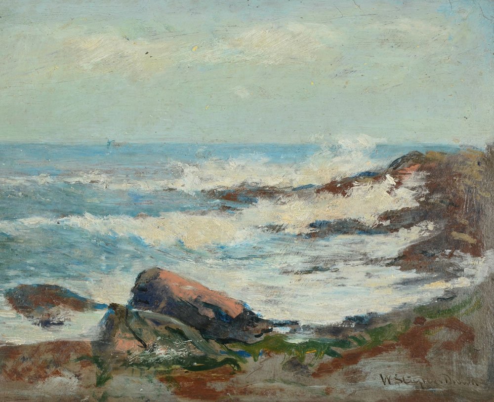 WILLIAM STAPLES DROWN COASTAL PAINTING: DROWN, William Staples, (American, 1856-1915): Coastal Scene with Surf Crashing, Oil/Board, 10'' x 12'', signed lower right, painted wood frame 13 1/2'' x 15 1/2''.