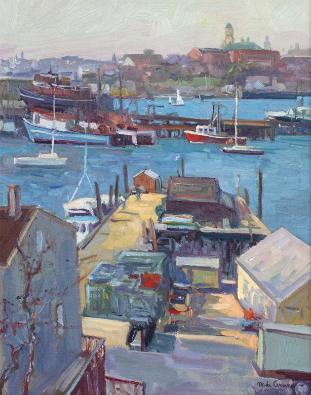 MICHAEL GRAVES GLOUCESTER HARBOR O/C PAINTING: GRAVES, Michael, (American, 1952- ): ''Gloucester Harbor'', Oil/Canvas, 20'' x 16'', signed lower right, North Shore Arts Association Exhibition label affixed verso, framed 22 1/2'' x 18 1/2''.