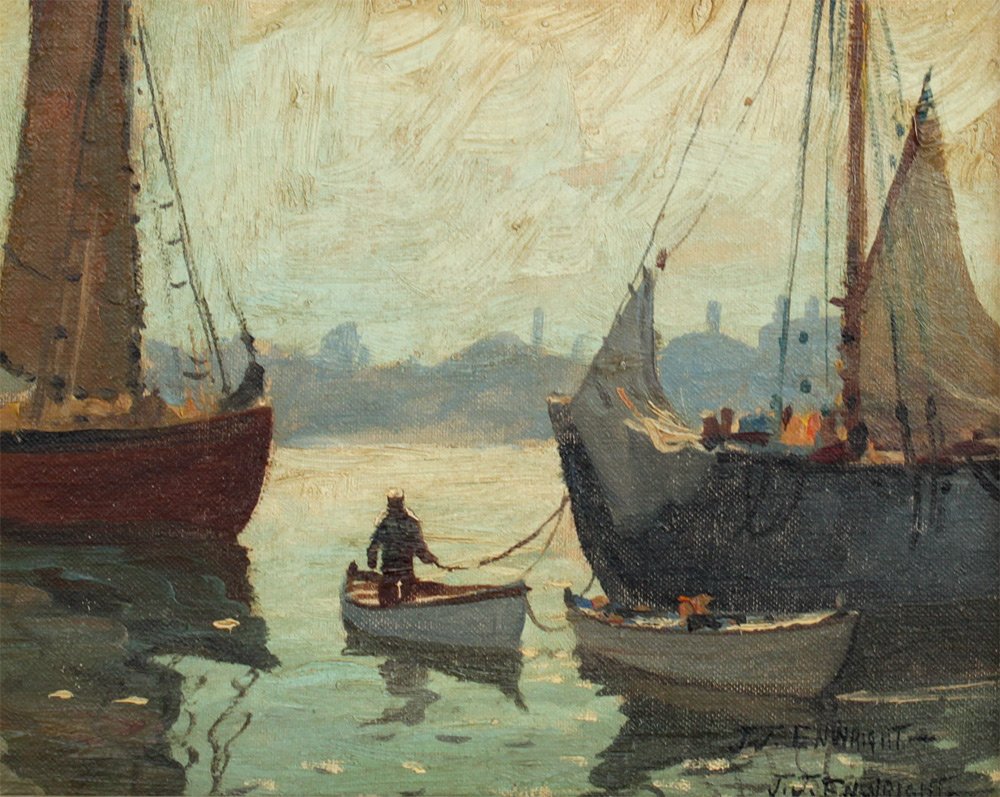 J.J. ENWRIGHT ROCKPORT HARBOR PAINTING: AMUNDSEN, C. Hjalmar ''Cappy'', (American, 1911-2001): Rockport Harbor, Oil/Canvasboard, 8'' x 10'', signed twice J.J. Enwright (pseudonym)lower right, also signed in pencil verso, framed 11'' x 13 1/