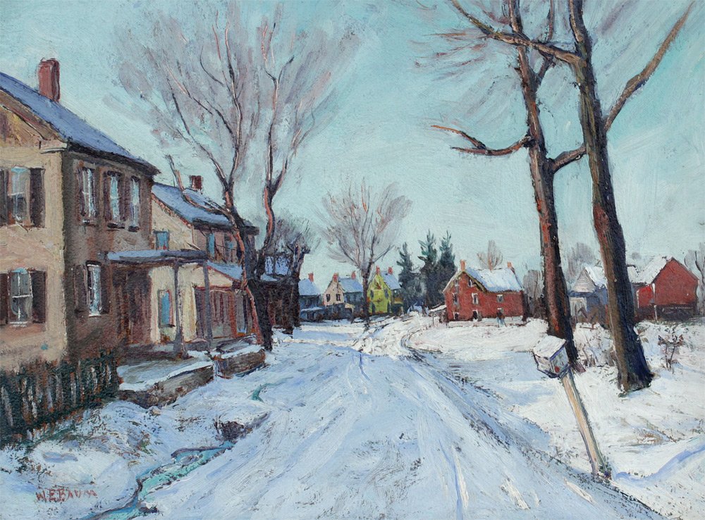 W.E. BAUM BUCKS COUNTY VILLAGE: BAUM, Walter Emerson, (American, 1884-1956): ''Bucks County Village'', Oil/Board, 12'' x 16'', signed lower left, signed and tilted verso, encased in a vintage carved and painted frame with minor wear