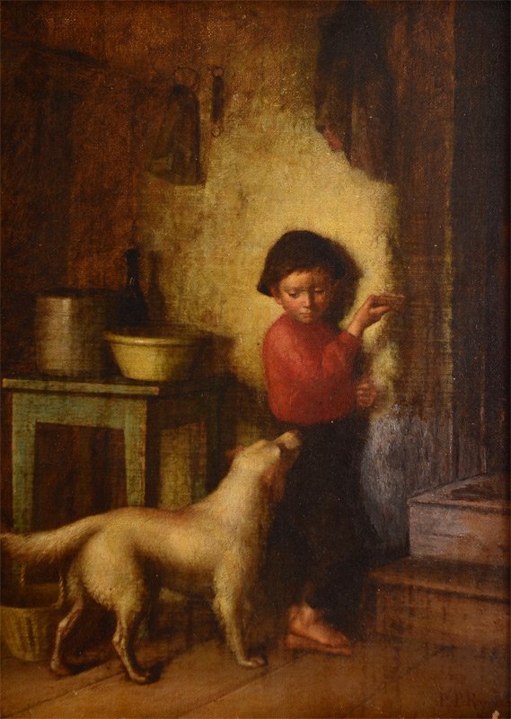 P.P. RYDER GENRE PAINTING BOY & DOG: RYDER, Platt Powell, (American, 1821-1896): Interior Scene with Boy Holding Food and Dog Begging, Oil/Canvas, 12 7/8'' x 9 5/8'', signed lower right with illegible date, encased in a gilded and carved