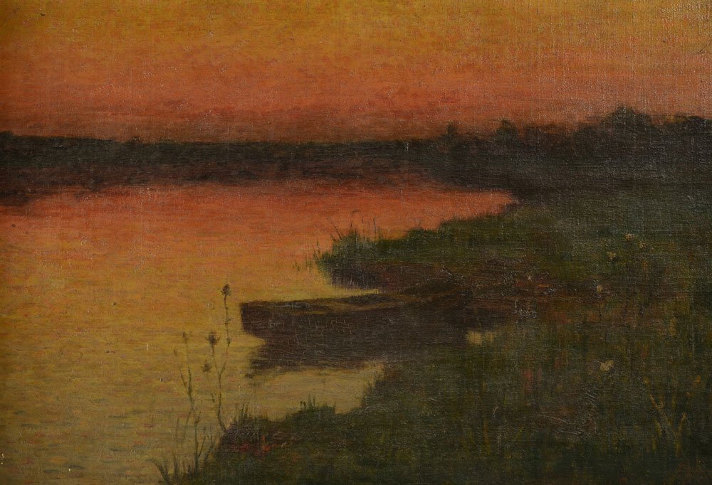 HUGH BRECKENRIDGE FRENCH SUNSET LANDSCAPE PAINTING: BRECKENRIDGE, Hugh Henry, (American, 1870-1937): French River Landscape at Sunset with Punt, Oil/Canvas, 16'' x 21 5/8'', signed lower right, marked lower right France, dated '93, encased in a period 