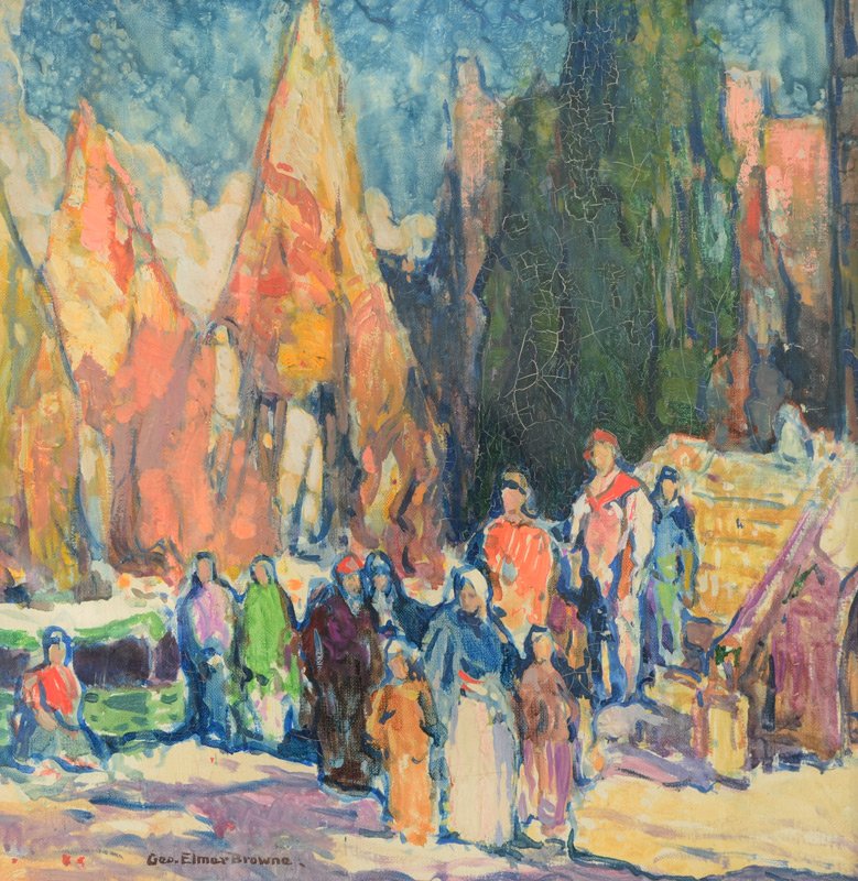 GEORGE ELMER BROWNE ITALIAN PAINTING: BROWNE, George Elmer, (American, 1871-1946): ''Il Porto di Chioggia'', Scene Depicts Religious Gathering of Several Figures by the Water's Edge, Oil/Canvas, 14'' x 14'', signed in the lower margin Sal