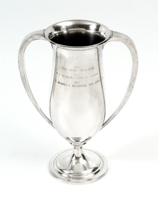 LARGE GORHAM STERLING TROPHY: LARGE GORHAM STERLING TROPHY: Presented to Colonel Otto Ellis for the Open Pairs Championship (Bridge tournament) and past winners verso dating 1961-1962-1963. Loving cup form, marked on base Sterling