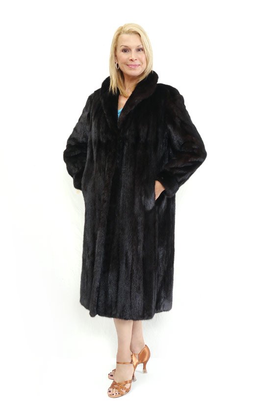 FULL LENGTH MINK FUR COAT: FULL LENGTH MINK COAT: Deep dark brown full length coat with a lapel style collar and slit pockets. Allen Marcus Regal Furs and Canada Majestic Mink labels. Measures approx. 44'' collar to hem, 19'' s