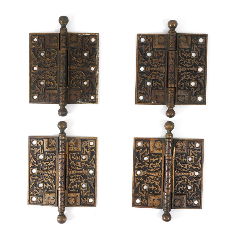 4 PIECE 1890'S BRONZE ARCHITECTURAL HINGES: 4 PIECE 1890'S BRONZE ARCHITECTURAL HINGES: Cast bronze hinges with stylized foliate motifs. Marked 5 X 5 45. Overall each measures 7 1/4'' h. x 3''.