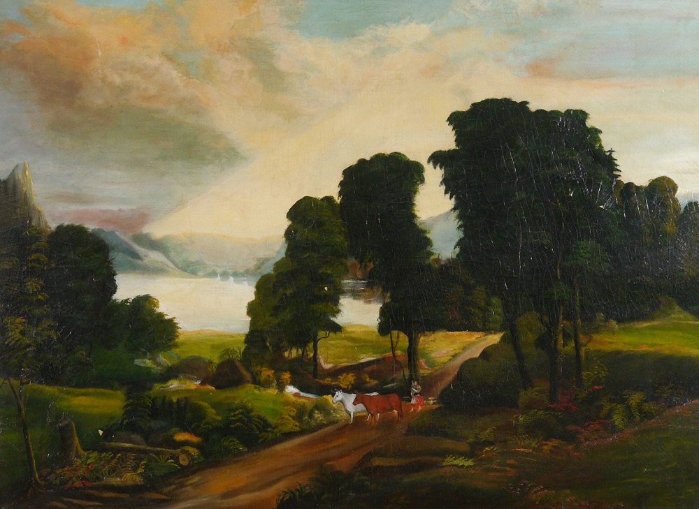 LARGE HUDSON RIVER SCHOOL STYLE LANDSCAPE PAINTING: LARGE HUDSON RIVER SCHOOL STYLE LANDSCAPE PAINTING: Oil/Canvas, 35" x 48 1/2", no visible signature, encased in a period 19th Century gilded frame with wear and missing gilt 42 1/2" x 55 1/2".