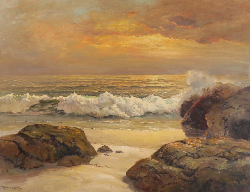 LARGE ROBERT WOOD GOLDEN SHORES COASTAL PAINTING: WOOD, Robert William, (American, 1889-1979): "Golden Shores", Surf Crashing on a Golden Sunset, 28" x 36", signed lower left, encased in a gilded carved and painted period frame 35" x 42 3/4", titled