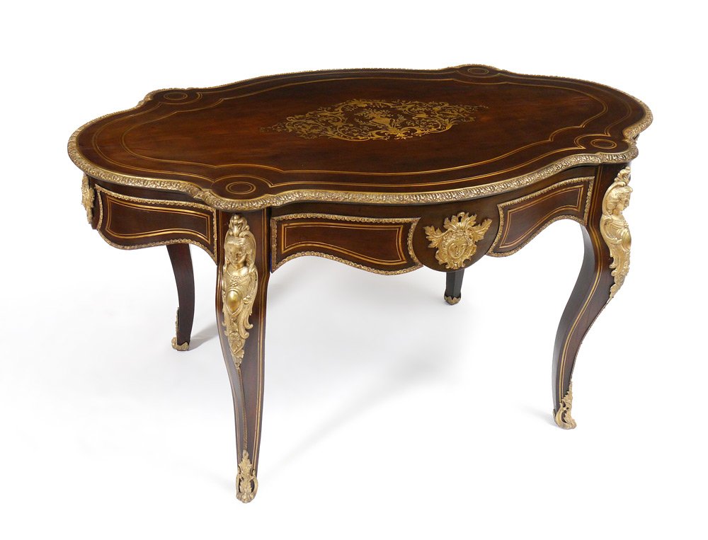 FRENCH ORMOLU MOUNTED BOULE INLAY CENTER TABLE: FRENCH NAPOLEON III ORMOLU MOUNTED BOULE INLAY CENTER TABLE: Table top with boule brass inlay floral center medallion, dual banded borders, rings at corners. Sides and single drawer front with banded