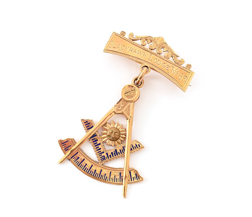 MASONIC BLACKHAWK LODGE 14K GOLD PIN: 14K GOLD MASONIC BLACKHAWK LODGE PIN: Engraved "Blackhawk Lodge No. 65", square and compass with blue enamel. 1 3/4" long, 6.3 grams.