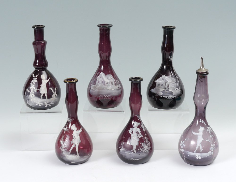 6 MARY GREGORY GLASS BARBER BOTTLES: GROUP OF 6 BARBER BOTTLES: Enameled Mary Gregory type decoration. Measures approx. 8 ". From the William Merner Collection.