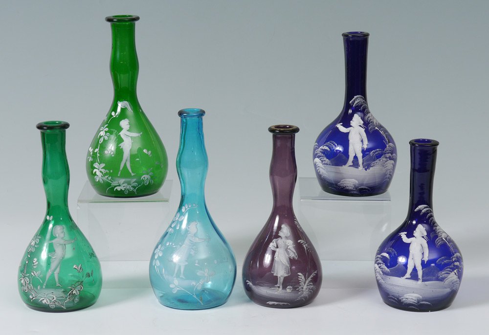 6 MARY GREGORY GLASS BARBER BOTTLES: GROUP OF 6 BARBER BOTTLES: Enameled Mary Gregory type decoration. Measures approx. 7-8 ". From the William Merner Collection.
