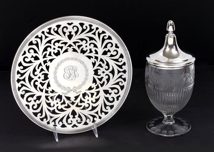 2 PIECE COLLECTION OF STERLING SILVER ITEMS: 2 PIECE COLLECTION OF STERLING SILVER ITEMS: 2 pieces to include 1) 1911 Gorham reticulated footed serving tray. Engraved wreath, monogrammed. Measures 1 1/4" x 11". 2) Etched and cut glass candy dish