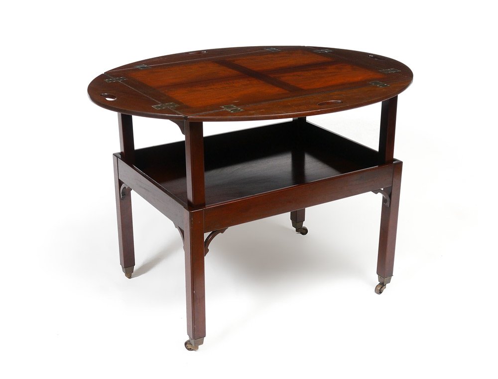 KITTINGER 2 TIER BUTLERS SERVING CART: KITTINGER MAHOGANY 2 TIER BUTLERS TRAY SERVING CART: Converts from a single level table on wheels to a serving cart by lifting the top tray and putting the legs down. Marked Kittinger Buffalo. Overall