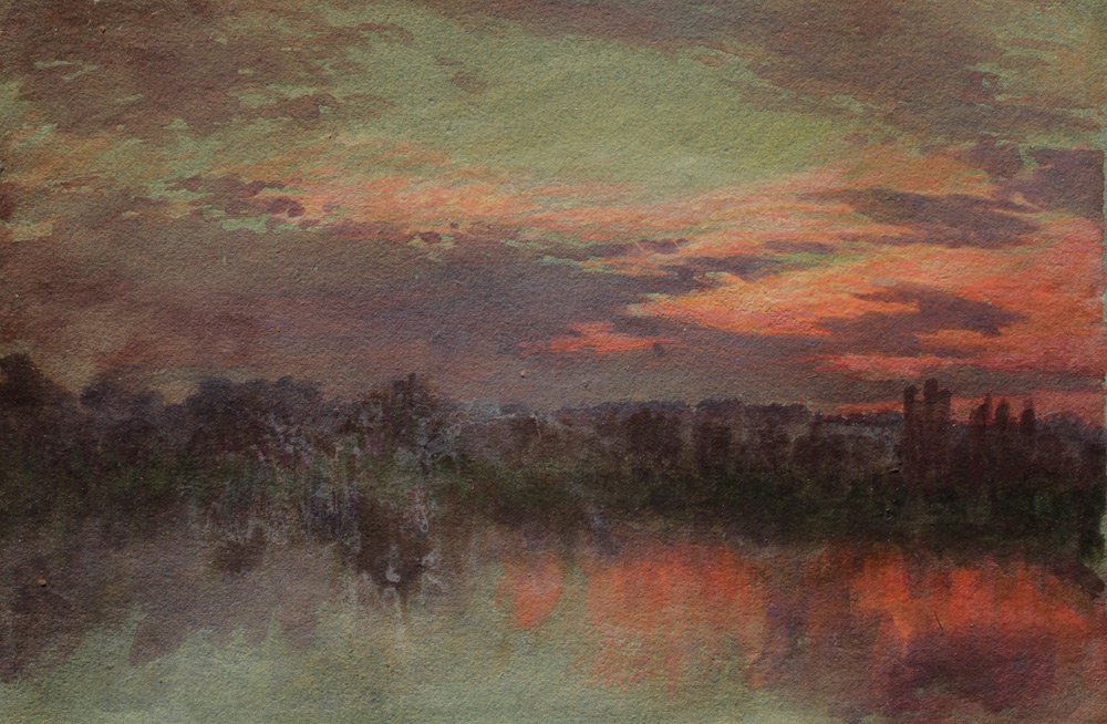 EXCEPTIONAL SUNSET WATERCOLOR PAINTING: EXCEPTIONAL SUNSET WATERCOLOR PAINTING: Probably 1st Quarter 20th Century, Watercolor/Gauche, Landscape Depicting Sunset over a Placid Lake, laid down on cardstock 7 3/4'' x 10 7/8'', image size 6 5/8