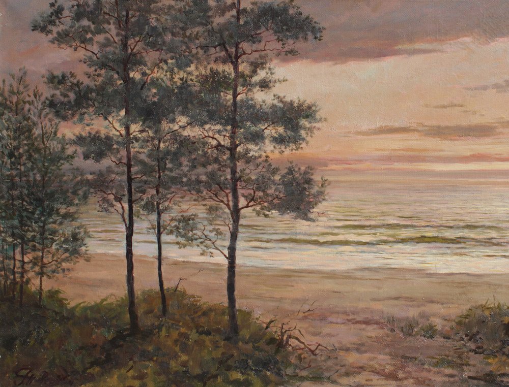 GOOD ILLEGIBLY SIGNED RUSSIAN? PAINTING: GOOD ILLEGIBLY SIGNED RUSSIAN? PAINTING: Oil/Canvas, Sunset Throught the Pine Trees, 23 3/4" x 31 1/2", monogrammed lower left, signed, titled and dated verso, 1989, framed with wear, 28" x 35 1/2".