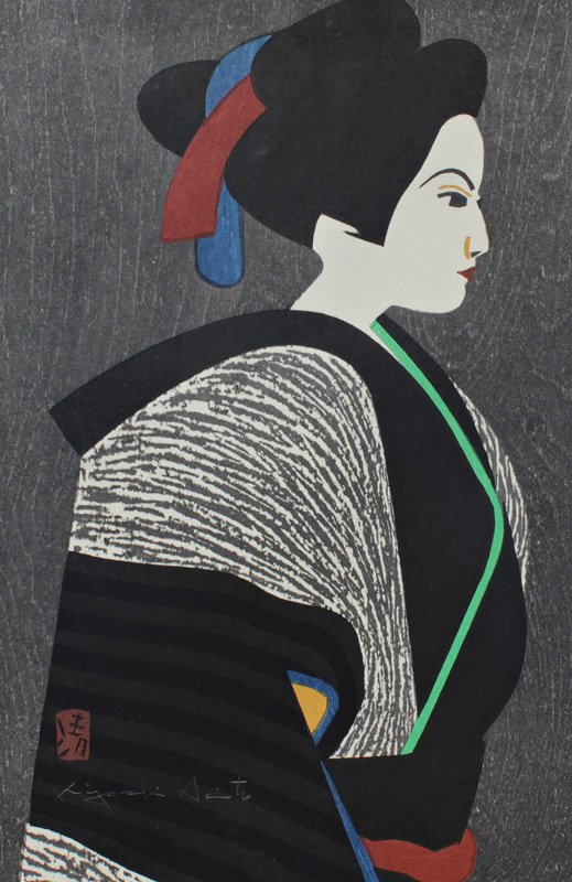 KIYOSHI SAITO GEISHA WOODBLOCK: SAITO, Kiyoshi, (Japanese, 1907-1997): Profile of a Geisha, Color Woodblock Print, Sight size 15'' x 9 5/8'', pencil signed lower left, silver gilt frame with minor wear, 15 3/4'' x 10 5/8''.