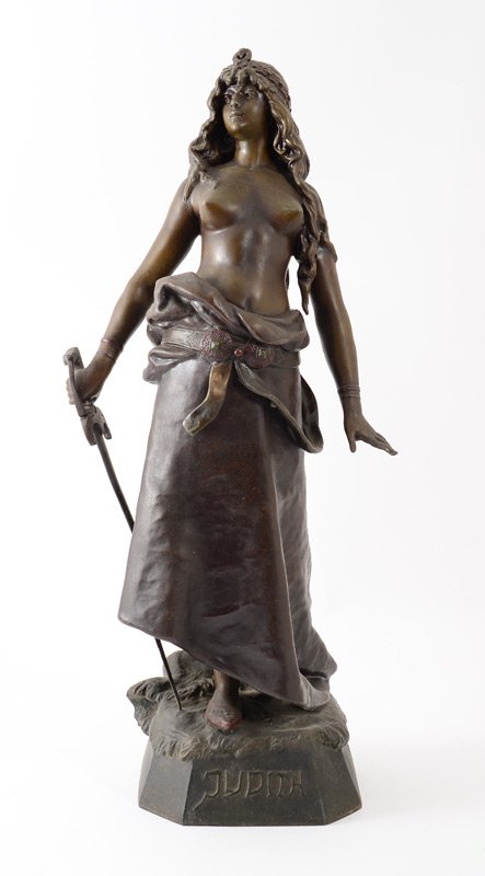 JUDITH SPELTER SCULPTURE AFTER MOREAU: JUDITH SPELTER SCULPTURE AFTER MOREAU: Patinated Sculpture of the Scantily Clad Warrior Maiden Judith, measures approximately 20 1/2'' h., incised signature and stamped fabrication France', impressed 
