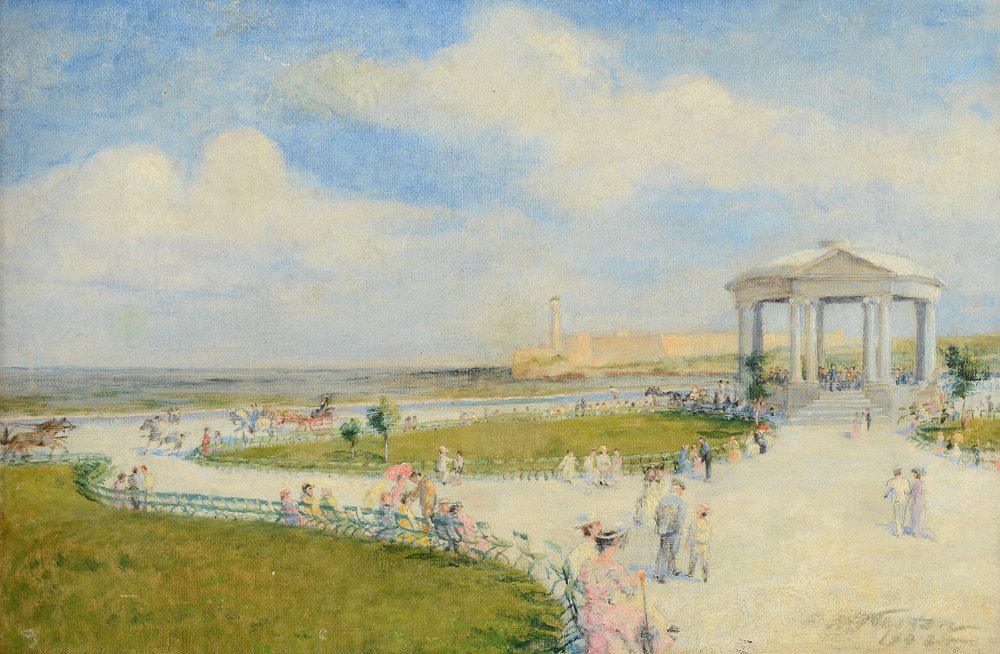 CASTLE MORRO PROMENADE CUBAN PAINTING 1908: CASTLE MORRO PROMENADE HAVANA CUBA 1908 OIL/CANVAS: Illegibly signed lower right, 11 3/4'' x 17 3/4'', framed with minor wear, 16 1/2'' x 23 1/2''. Possibly William Edward Norton, but we have been una
