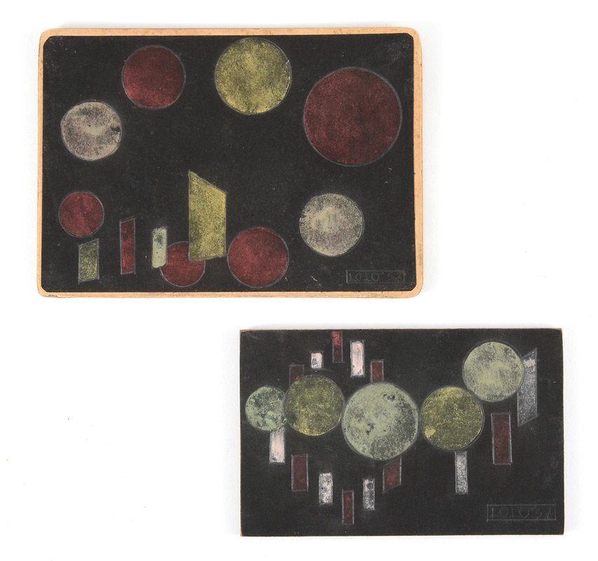 TWO LOLO SOLDEVILLA GEOMETRIC CONCRETISM PASTELS: SOLDEVILLA, Lolo, (Cuban, 1901-1971): 2 Concretism Modernist Geometric Artworks; 1) Pastel/Graphite on Card, image size 4 3/8" x 6 3/8", signed lower right, dated '57; 2) Pastel/Paper, laid on wood, 3