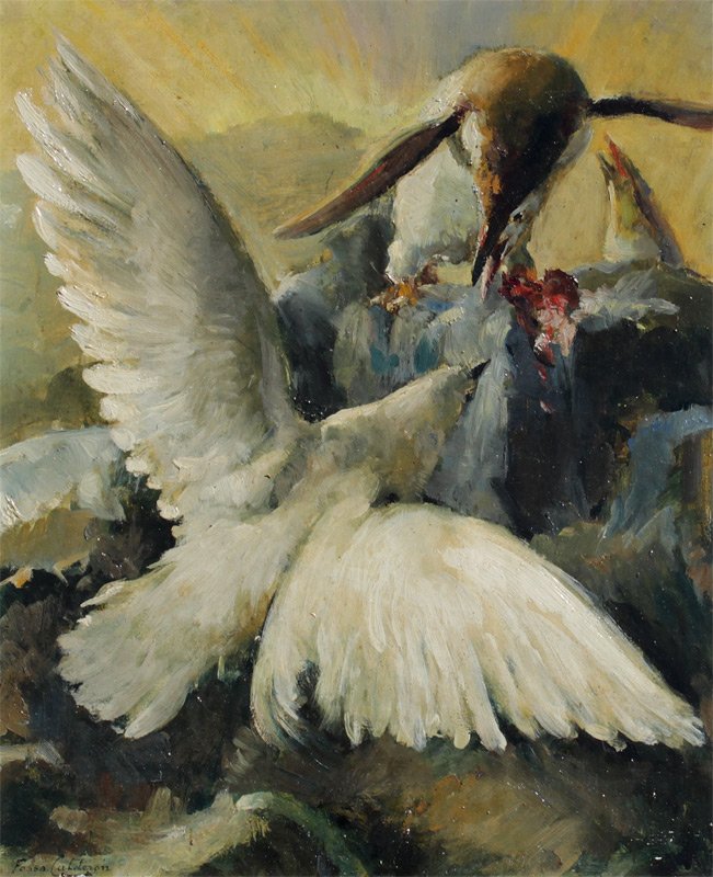 FOSSA-CALDERON DOVE & PENGUIN PAINTINGS: FOSSA-CALDERON, Julio Eduardo, (Chilean, 1874-1946): Unusual Picture Showing a Dove Approaching Two Penguins Eating, Oil/Canvas, 18" x 15", signed lower left, also written on the stretcher verso an ol