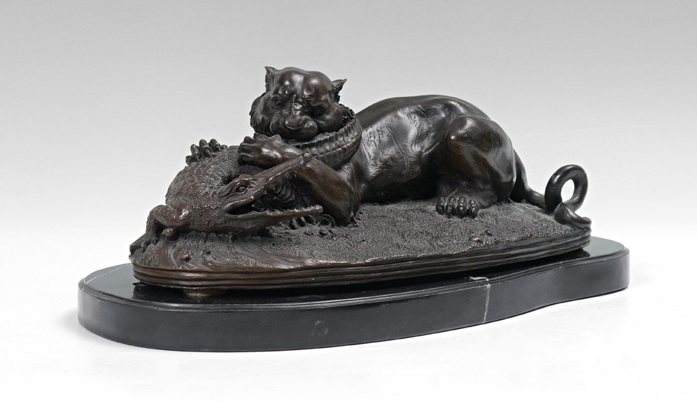 BRONZE TIGER AND CROCODILE AFTER MOIGNIEZ: BRONZE TIGER AND CROCODILE AFTER MOIGNIEZ: 5 1/2'' h. x 15'' w. x 7'' d., incised signature to base, sits atop a beveled marble plinth 1 /4'' h. x 17'' w. x 8'' d.